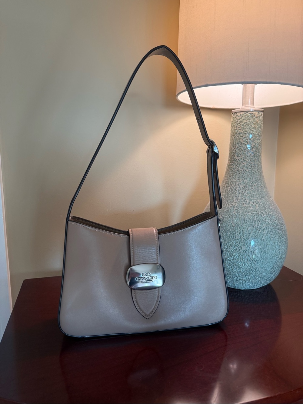 Coach Taupe Shoulder Bag with Silver-Tone Clasp